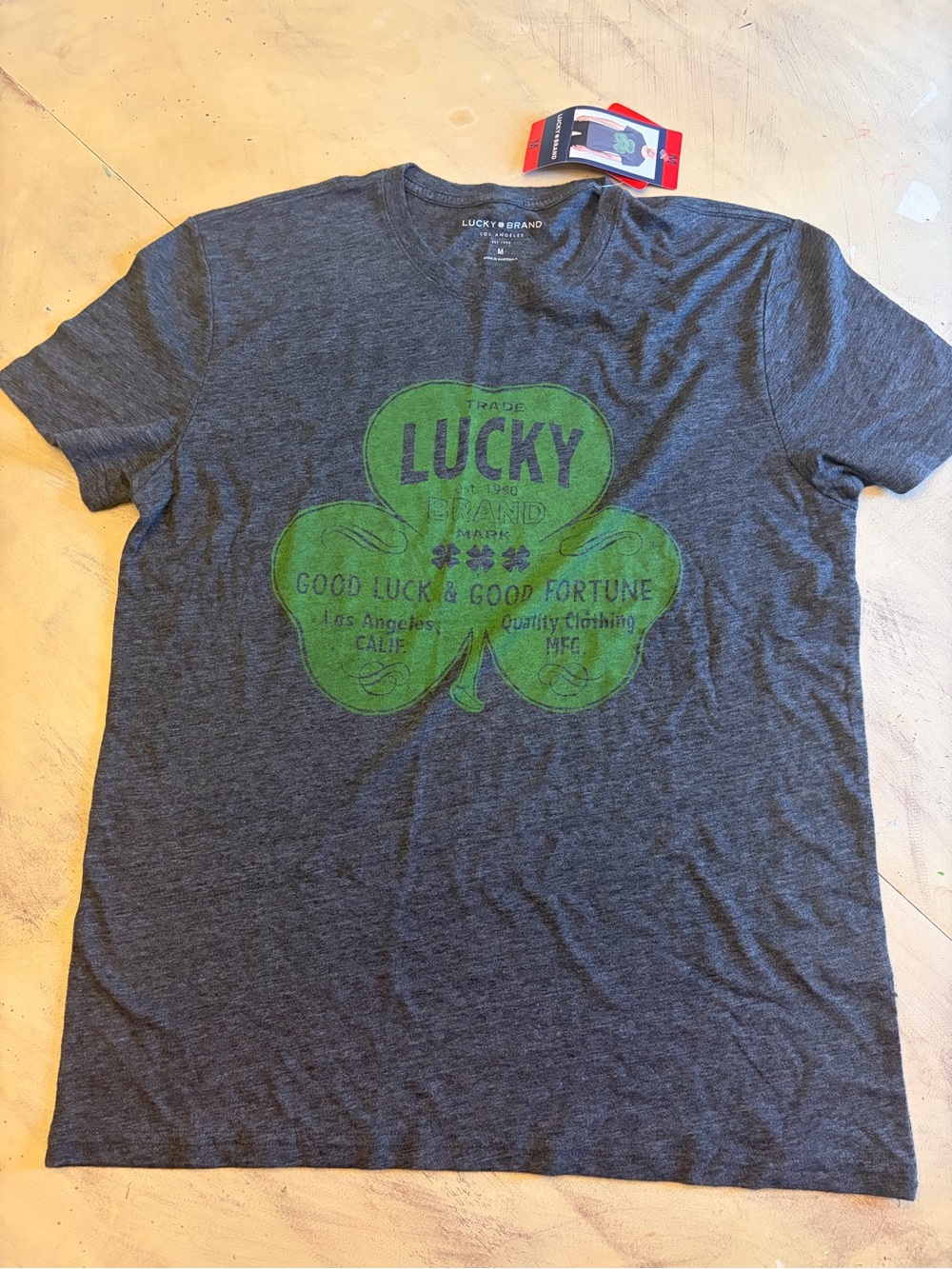 Lucky Brand Mens Medium Short Sleeve Crew Graphic T-Shirt Dark Gray & Green New